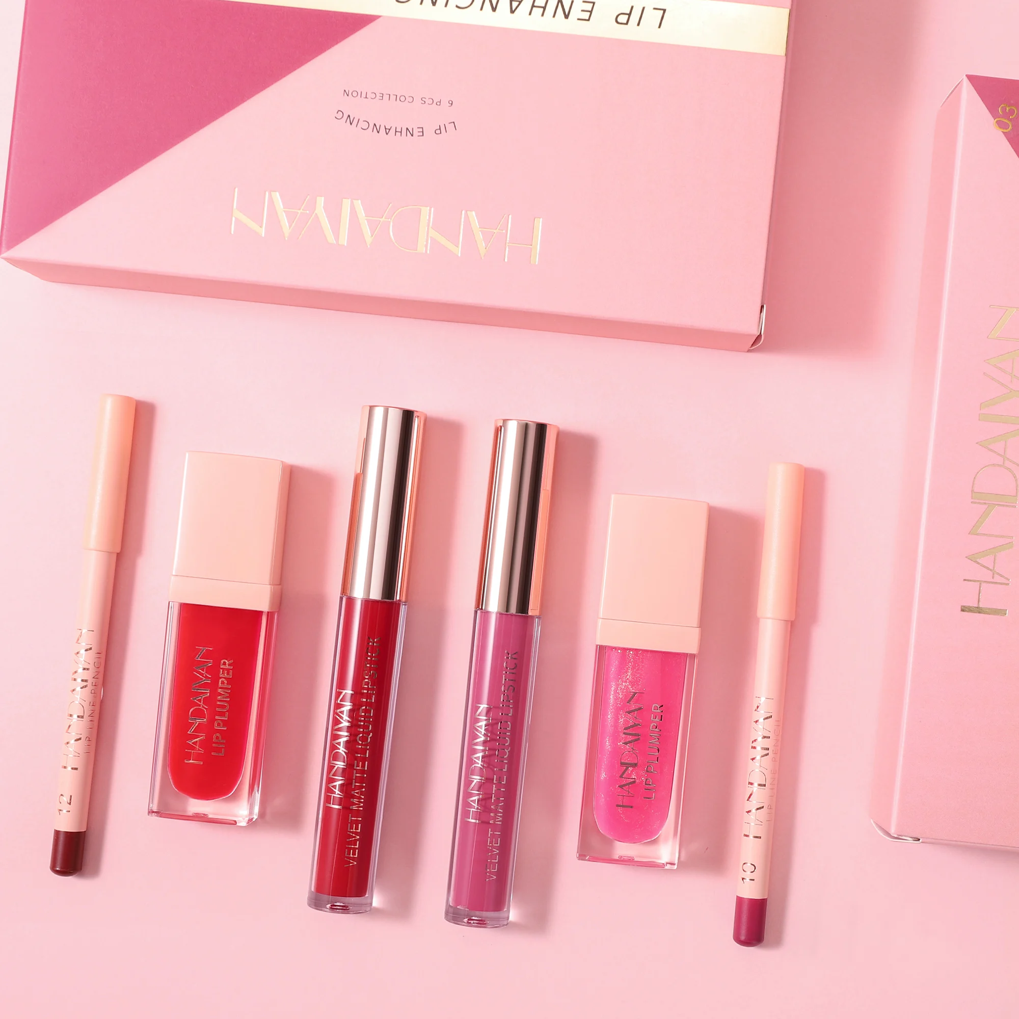 HANDAIYAN Conjunto de delineador labial fosco de longa duração, 6 peças, hidratante, à prova d'água, delineador labial + brilho labial + conjunto de laca labial