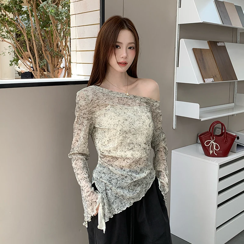 Gradient Irregular Long-sleeved T-shirt Women's Early Autumn Korean Style Tops