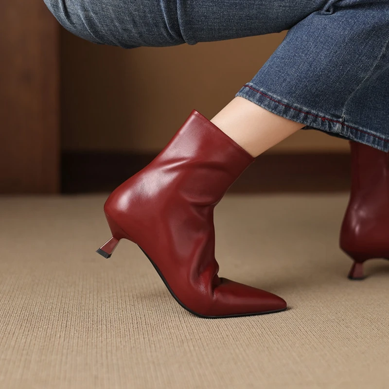 

Women's new leather cowhide pointed toe mid heel handmade oversized zipper and calf short boots fashion boots 45 46 47
