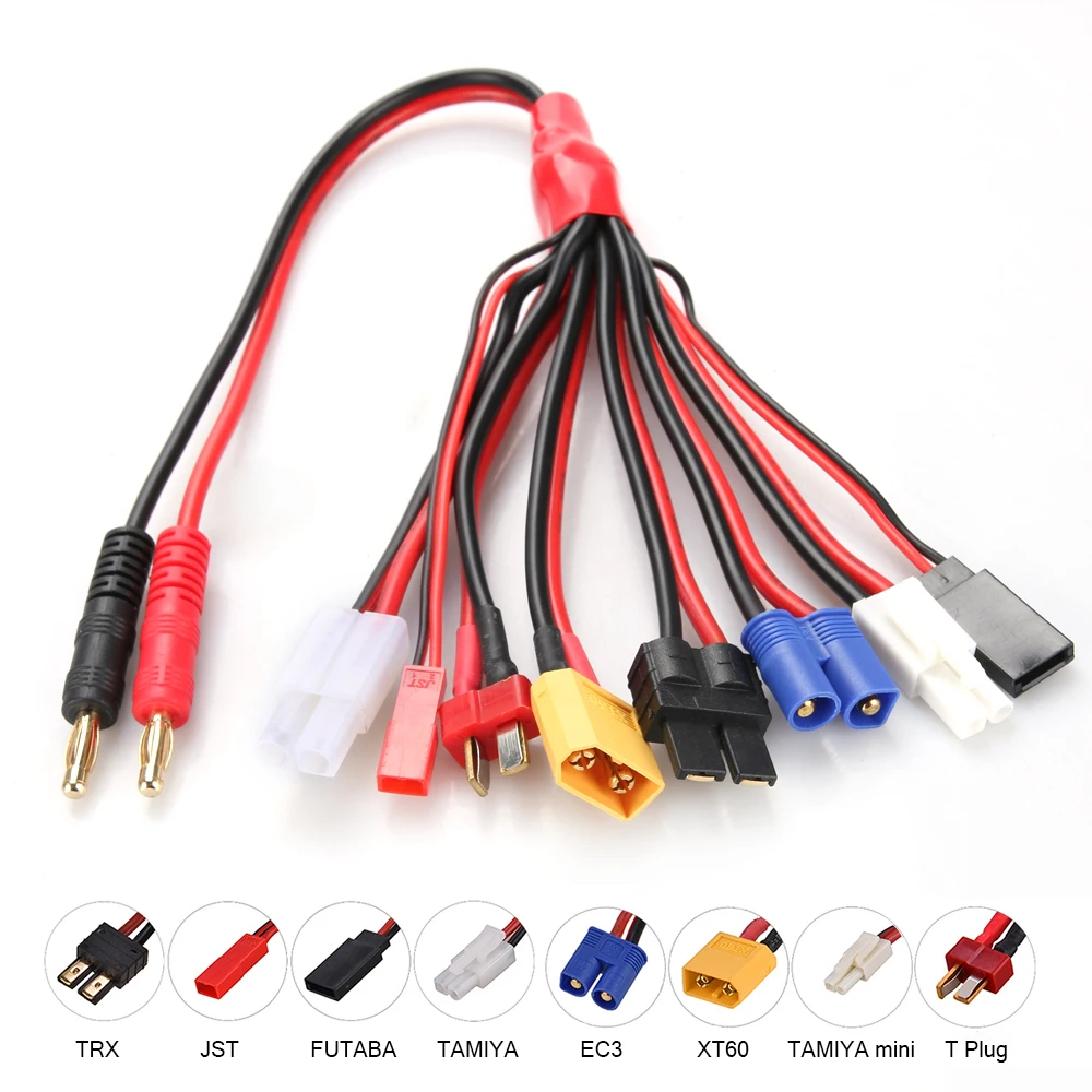 HTRC 8 in 1 RC Lipo Battery Charger Adapter Connector Splitter Cable 4.0mm Banana Plug to JST T Plug XT60 EC3 Futabas Tamiyas