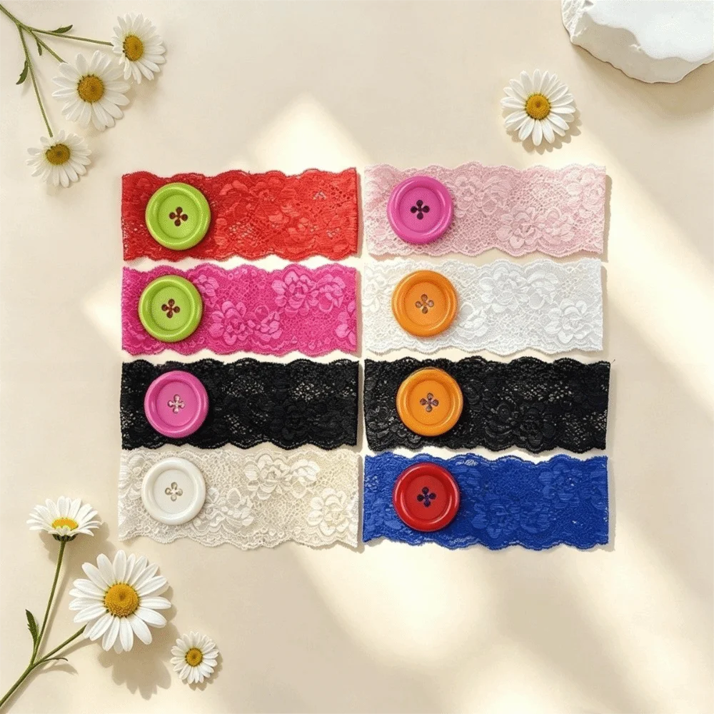 Hollow-Out Lace Floral Headbands Lightweight Korean Style Button Headwrap Solid Color Breathable Mesh Elastic Hair Bands Women