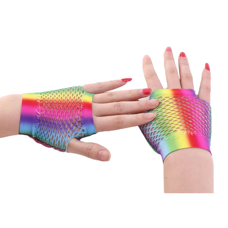 Guantes sexis de rejilla de malla corta de Color arcoíris para mujer, guantes sin dedos con agujeros calados, traje de baile disco para mujer, mitones