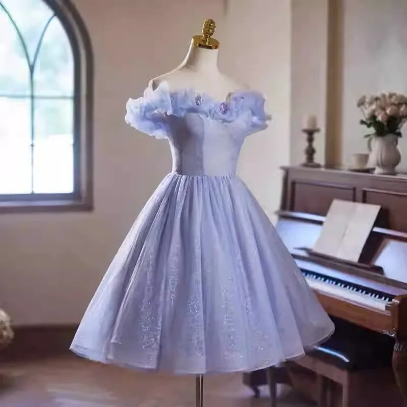 

2026 Новое женское фиолетовое сетчатое легкое роскошное сексуальное вечернее платье без бретелек, модное короткое стильное платье для банкета, дня рождения, с бретельками на спине