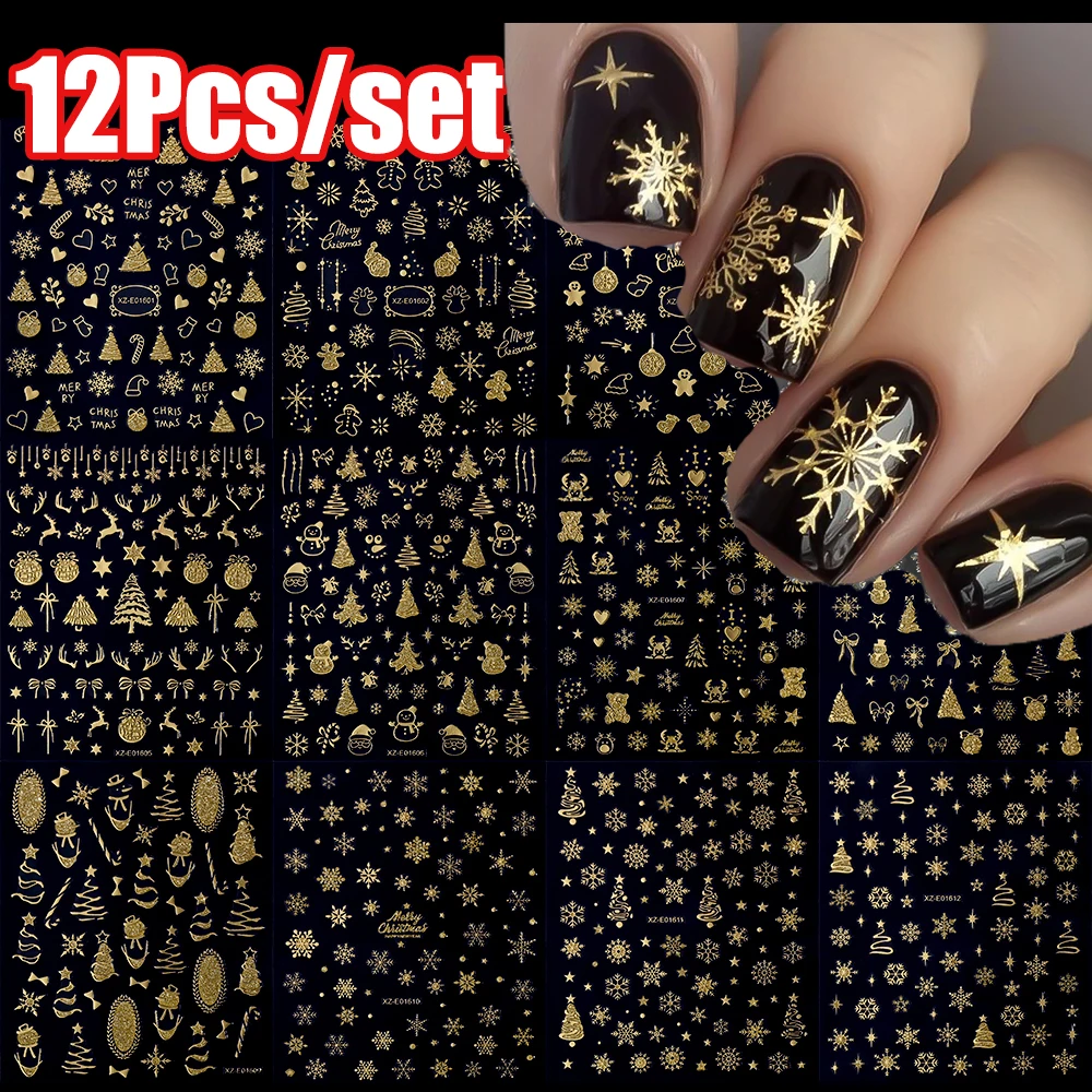 12 pezzi 3D glitter oro fiocchi di neve di Natale adesivi per unghie carino Babbo Natale/fiocco di neve/alce natale cursore dorato 8x10 cm decalcomania per unghie di Natale