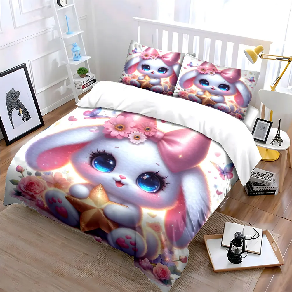 Adorable bunny holding a star Bedding Set for Kids Luxury Gift 3pcs Digital Print Comforter Set Soft Comfortable Breathable