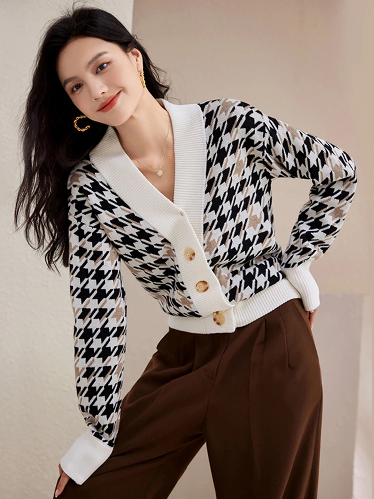 Autumn Winter Loose Knitted Cardigan Female V Neck Long Sleeve Sweater Houndstooth Coat Women Casual Versatile Tops