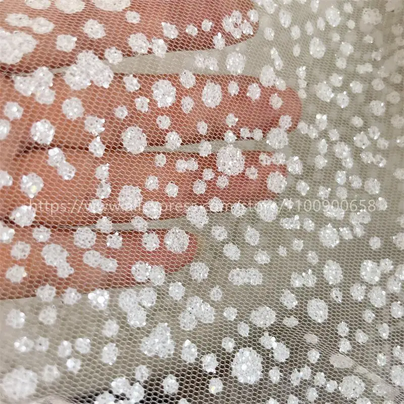 Gilded Sequin Mesh Fabric, DIY Hand Sewing, Wedding Dress, Fashion Accessory,High Quality,Dense Dots,Off White,150cm Wide,RS4493