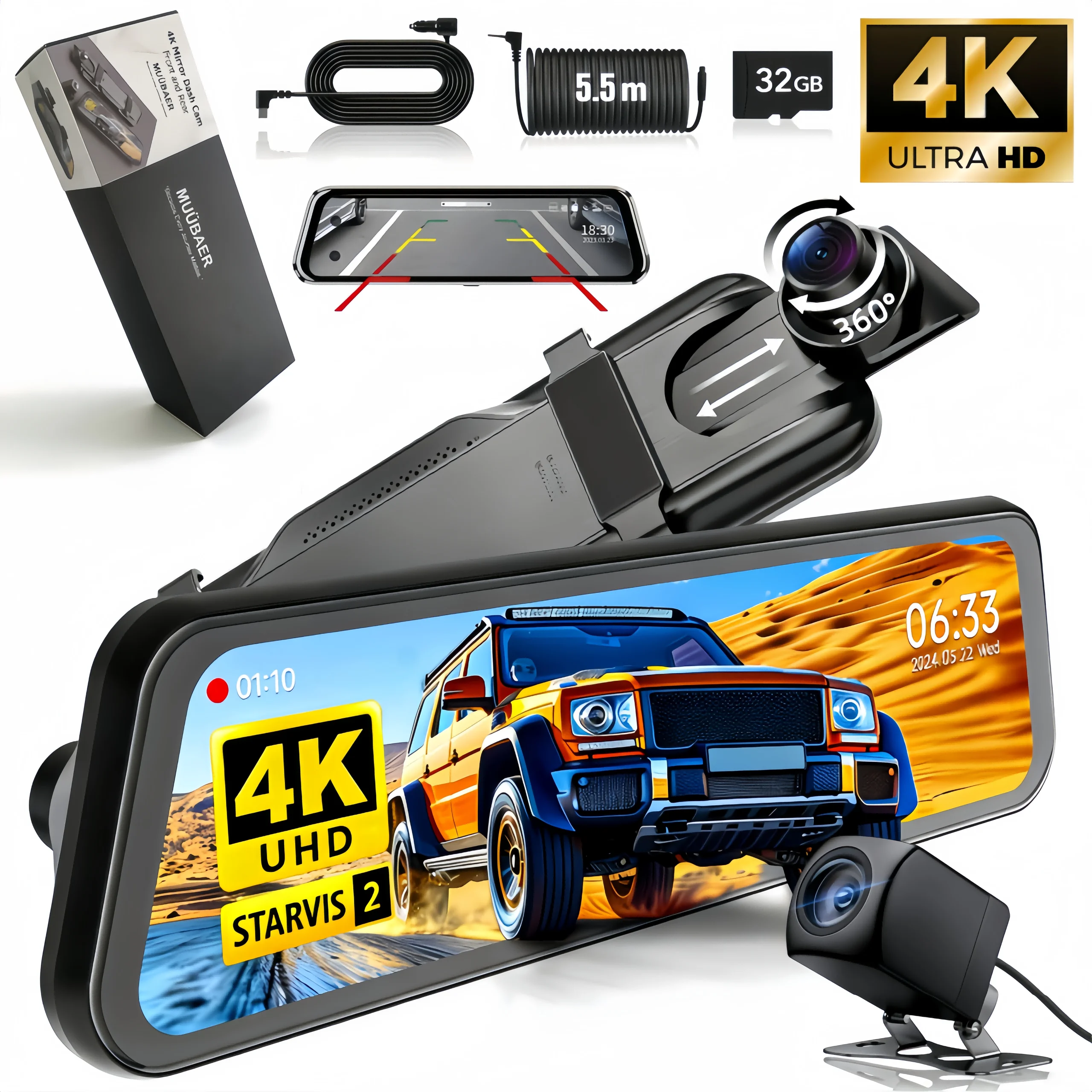 

2-канальный зеркальный видеорегистратор с передней камерой 4K, задней камерой 1080P, улучшенным ночным видением, G-сенсором и монитором парковки, карта памяти 32 ГБ