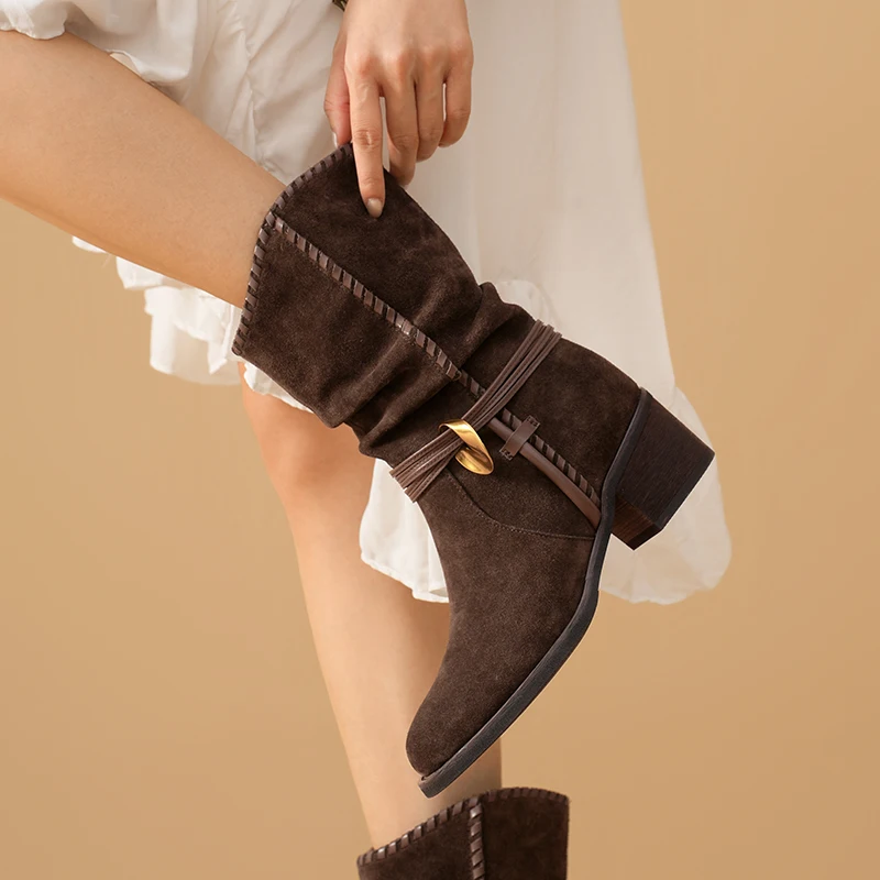 BEAUTODAY Mid-Calf Boots Women Cow Suede Leather Round Toe Solid Color Slip-on Vintage Knight Boots Ladies Shoes Handmade 06218