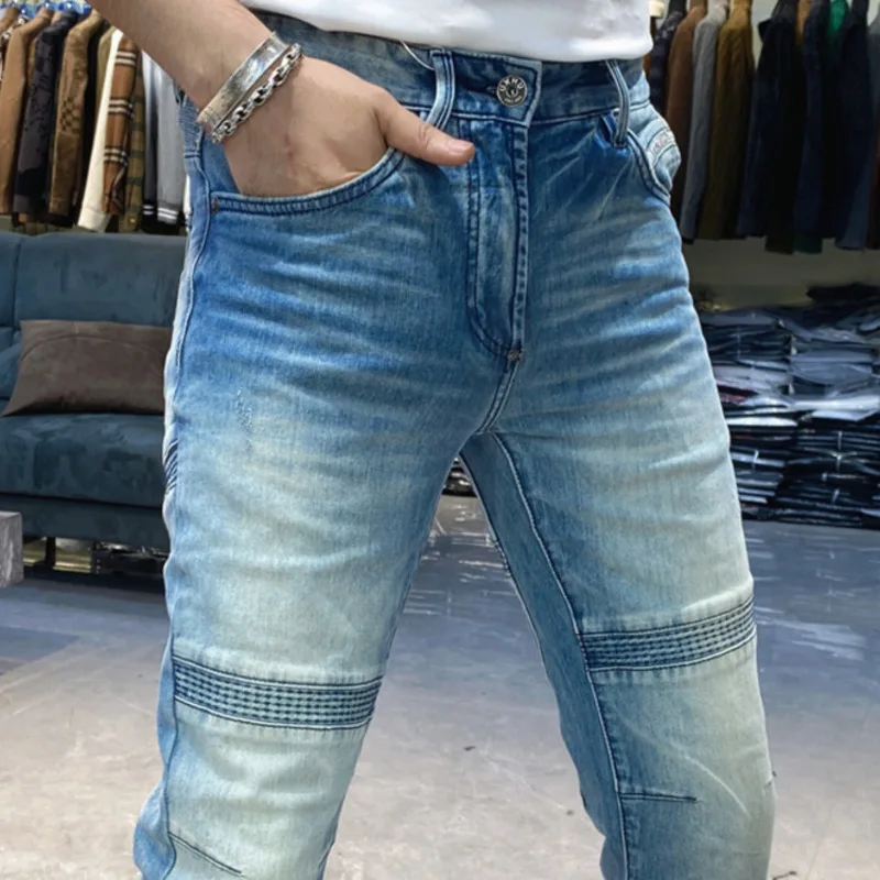 

2024 Spring Slim Fit Elastic Jeans Men's Fashion Simple Jean Motorcycle Jeans Pant Vaqueros Hombre Skinny Trousers Pantalones