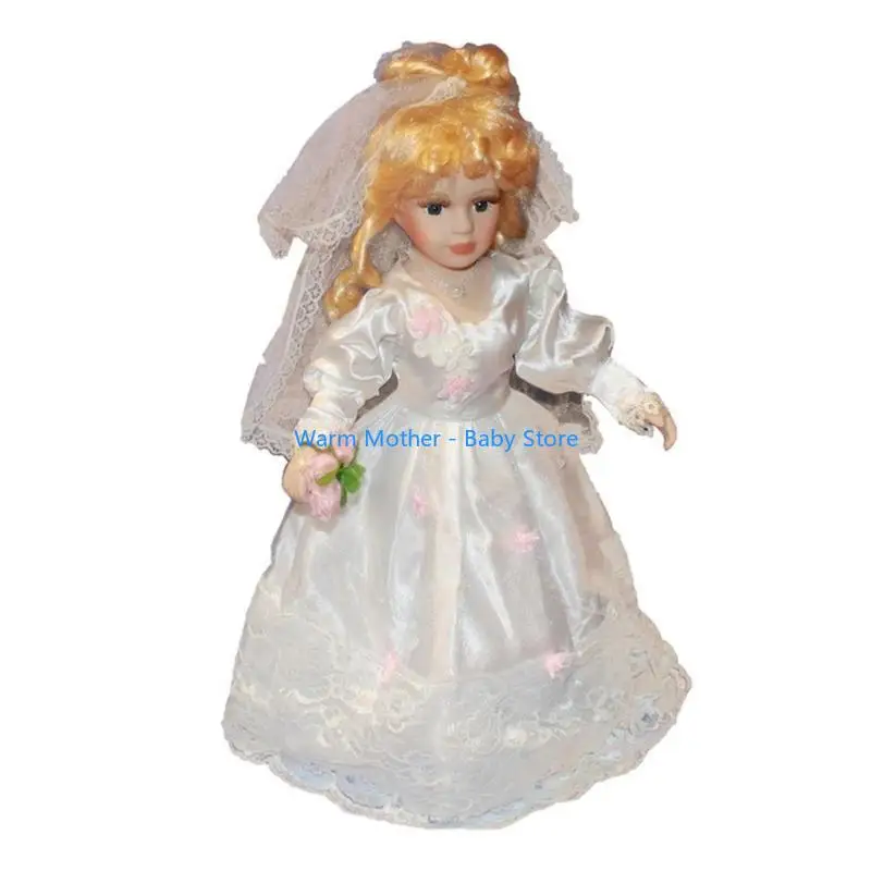 

Girl Porcelain Doll 40cm Bride Blond Girl Wedding Table Desktop Ornaments 57QE