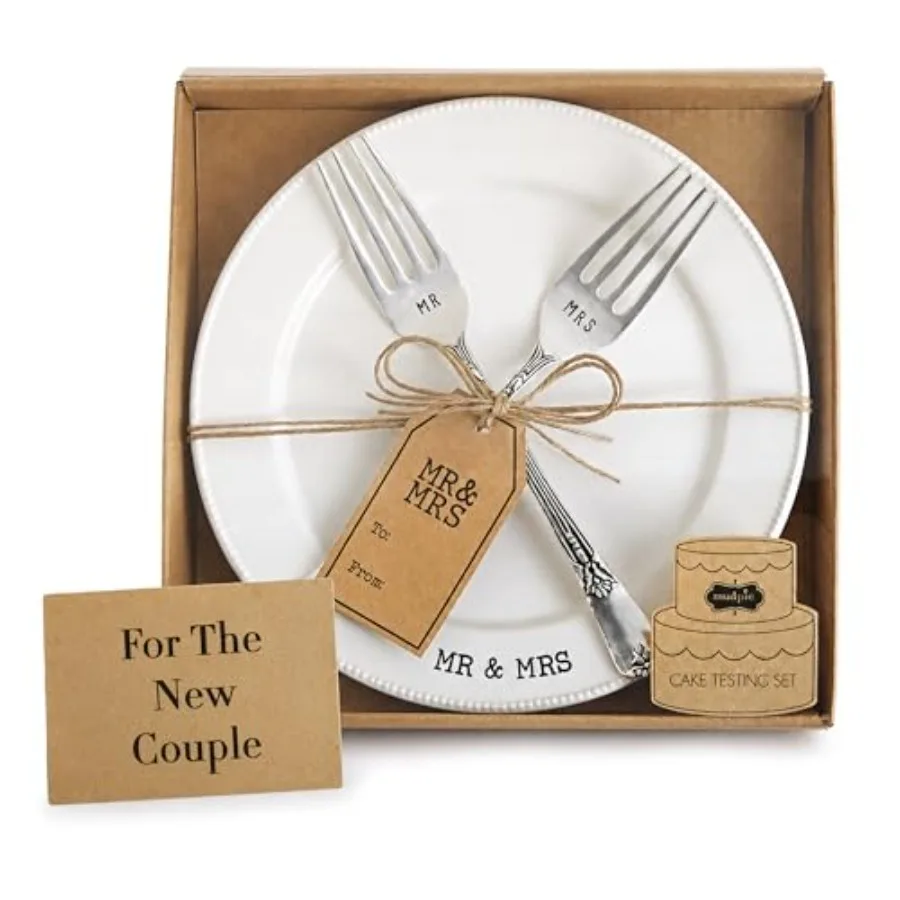 

Mr. and Mrs. Wedding Cake Cutting Plate and Fork Set, White, 8 Inch Wedding Keepsake Gift Plate