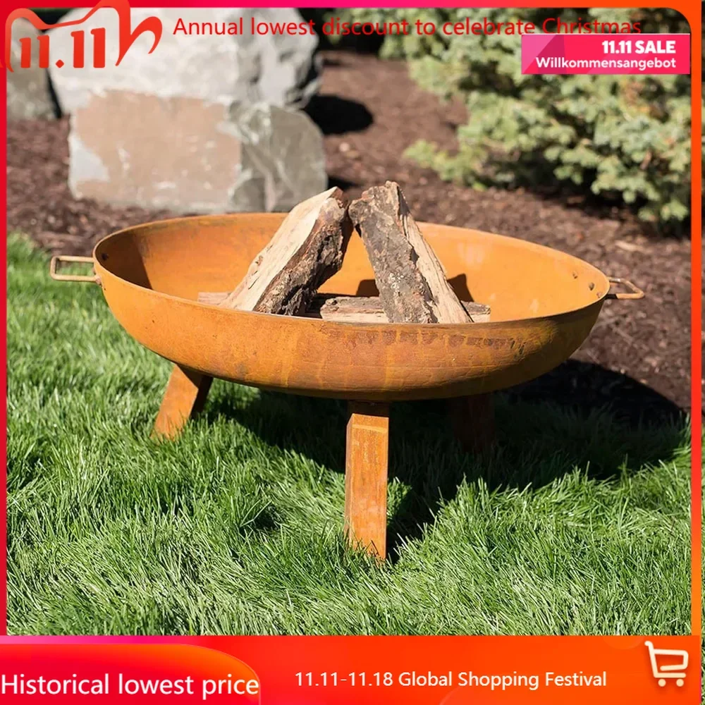 30-Inch Rustic Cast Iron Outdoor Raised Fire Pit Bowl with Handles - Oxidized Finish