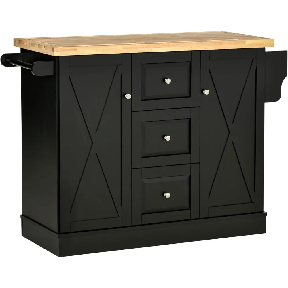 Rolling Kitchen Island with Storage, Kitchen Cart with Wood Top, 3 Drawers and 2 Barn Door Style Cabinet, Adjustable Shelves, S