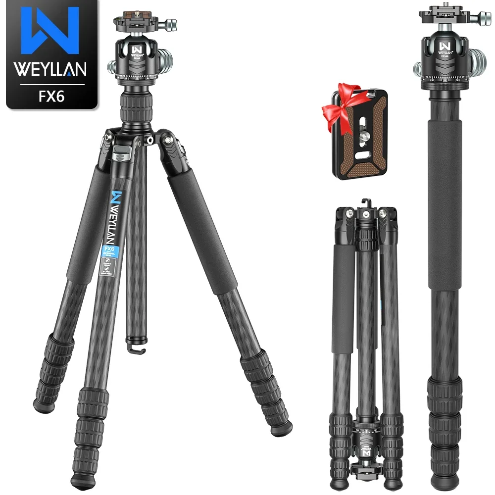 

WEYLLAN FX6 Professional Carbon Fiber Tripod 70.4inch/179cm Max Load 20kg Low Angle Shooting 2-in-1 tripod for DSLR Camera Phone