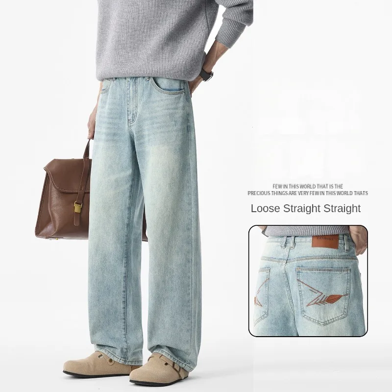 2026 New Men American High‑Street Light‑Blue Straight‑Leg Jeans Autumn Washed Vintage Loose Versatile Denim Pants