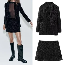 Women's Fashion Sequins Blazer V Collar Black Button Slim Jacket Autumn and Winter New Office Jacket Women's Luxury Jacket