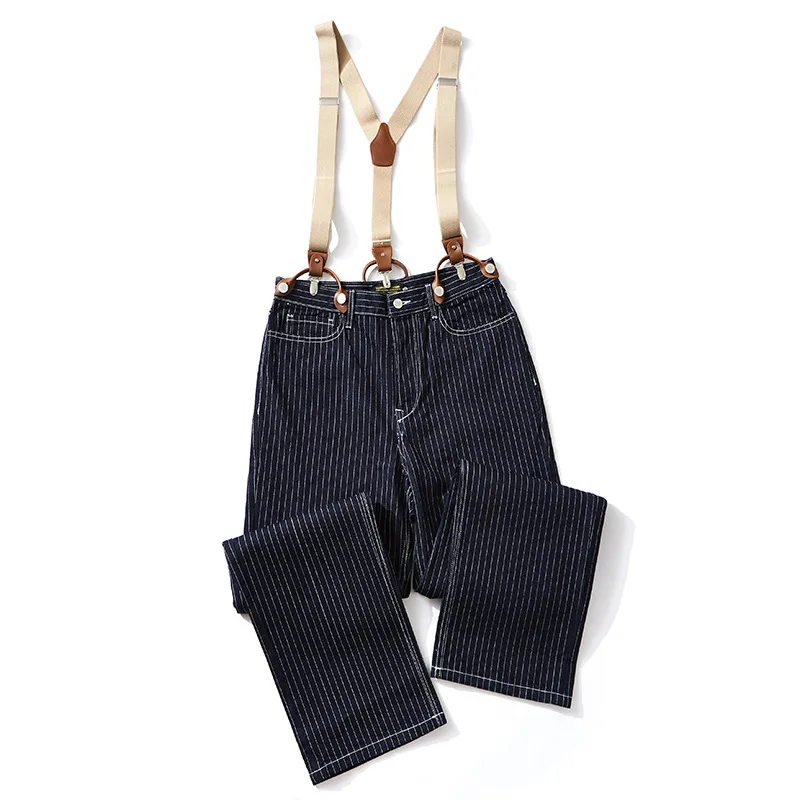 

OKONKWO Men's Raw Denim Overalls / Wide-Leg Jeans - Railroad Stripe Workwear Bib Pants in Amekaji Style American Vintage
