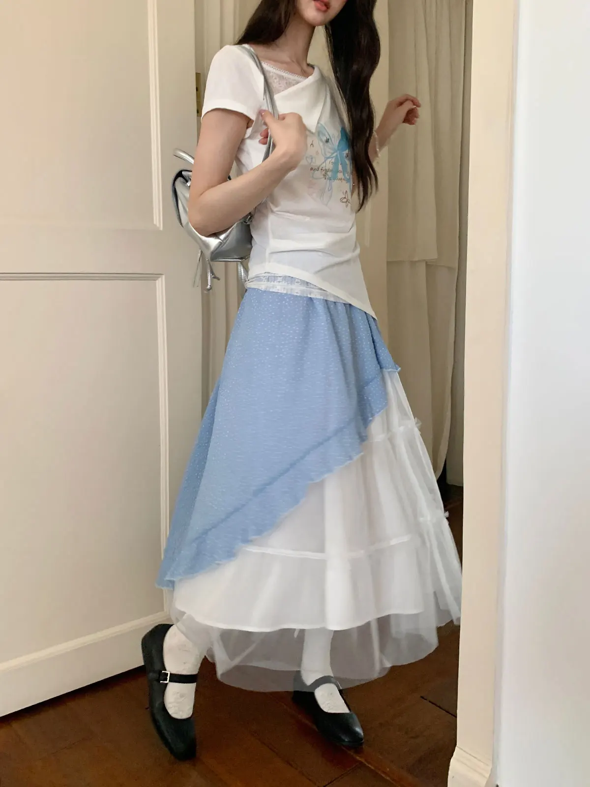 

Blue Polka Dot Patchwork High Waist A-Line Skirt Summer Knot n Sle Women's Midi Skirt plus Size Casual Wear