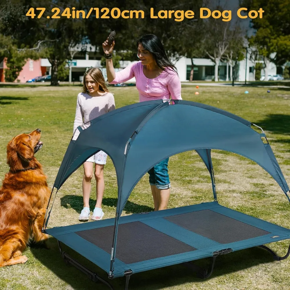 47 Inch Elevated Cooling Large Dog Bed with Removable Canopy, Raised Dog Beds for Large Dogs with Washable Breathable Mesh