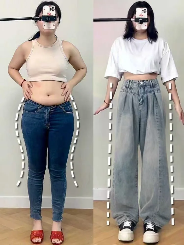 

plus Size Fleece Lined Thickened Retro Wide Leg Jeans Women's Floor Length Pants High Waist Slimming for Pear Shaped Body
