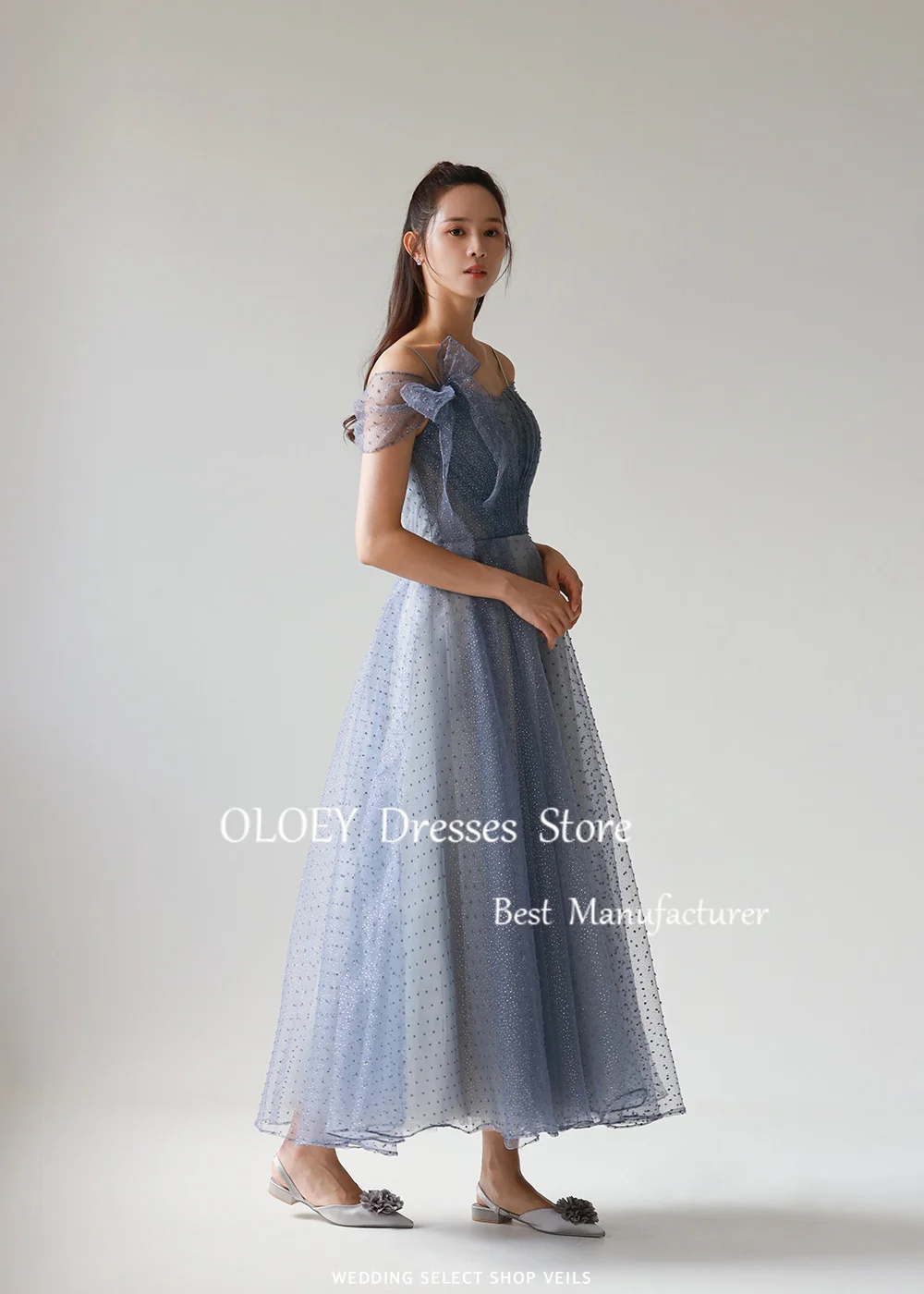 OLOEY Fairy Blue Glitter Long Prom Dress Korea Wedding Photoshoot Silky Organza Party Dress Corset Back Ankle Length Custom Made