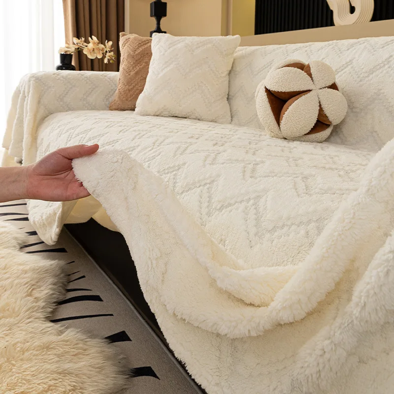 Plush Geometric Wavy Pattern Sofa Throw Full Coverage Couch L Shaped Sectional Sofa Blanket Cat Scratch Resistant Seat Cover