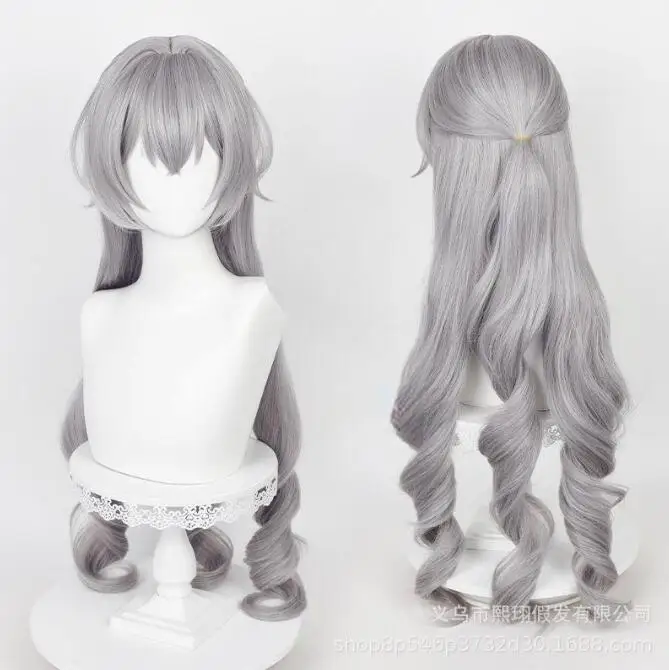 

Game Wigs Bronya Cosplay Wig Long Silver Gray Curly Hair Heat Resistant Halloween Party Anime Wigs + Wig Cap