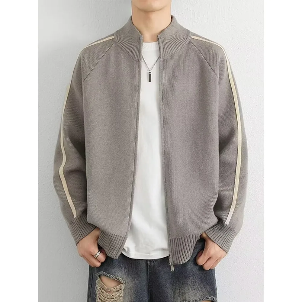 Cárdigan con cuello levantado, Chaqueta de punto con cremallera para hombre, primavera y otoño, nuevo estilo, chaqueta suéter de rejilla de diamantes de alta gama
