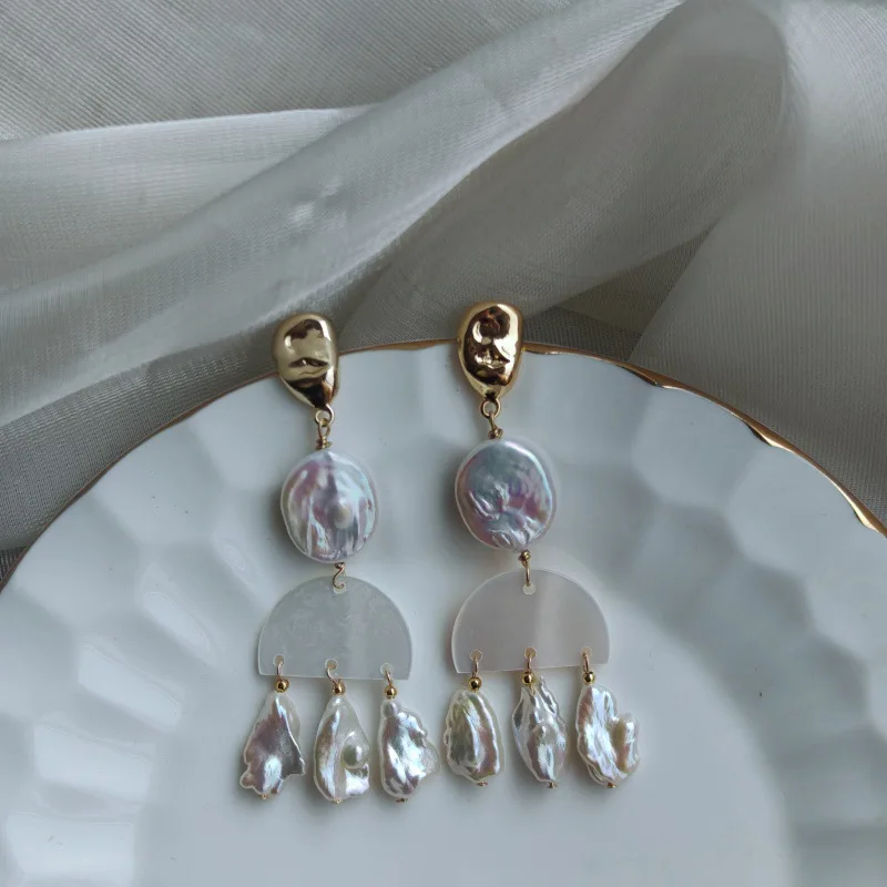 Vintage Layered Baroque Pearl Mother of Pearl Tassel Earrings 14K Gold Plated Long Drop Earrings for Wedding Party
