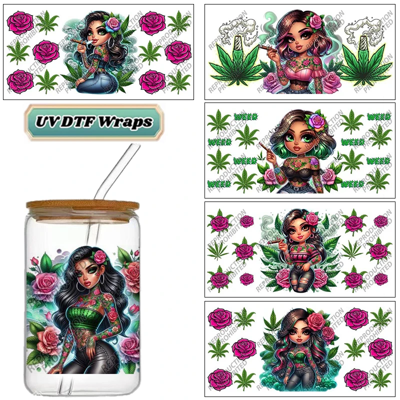 Chicano Girl UV DTF Wraps for 16oz Libby Glass Cans, Rose Tattoo Girl Stickers, High Quality DIY Transfer Decals for Tumbler