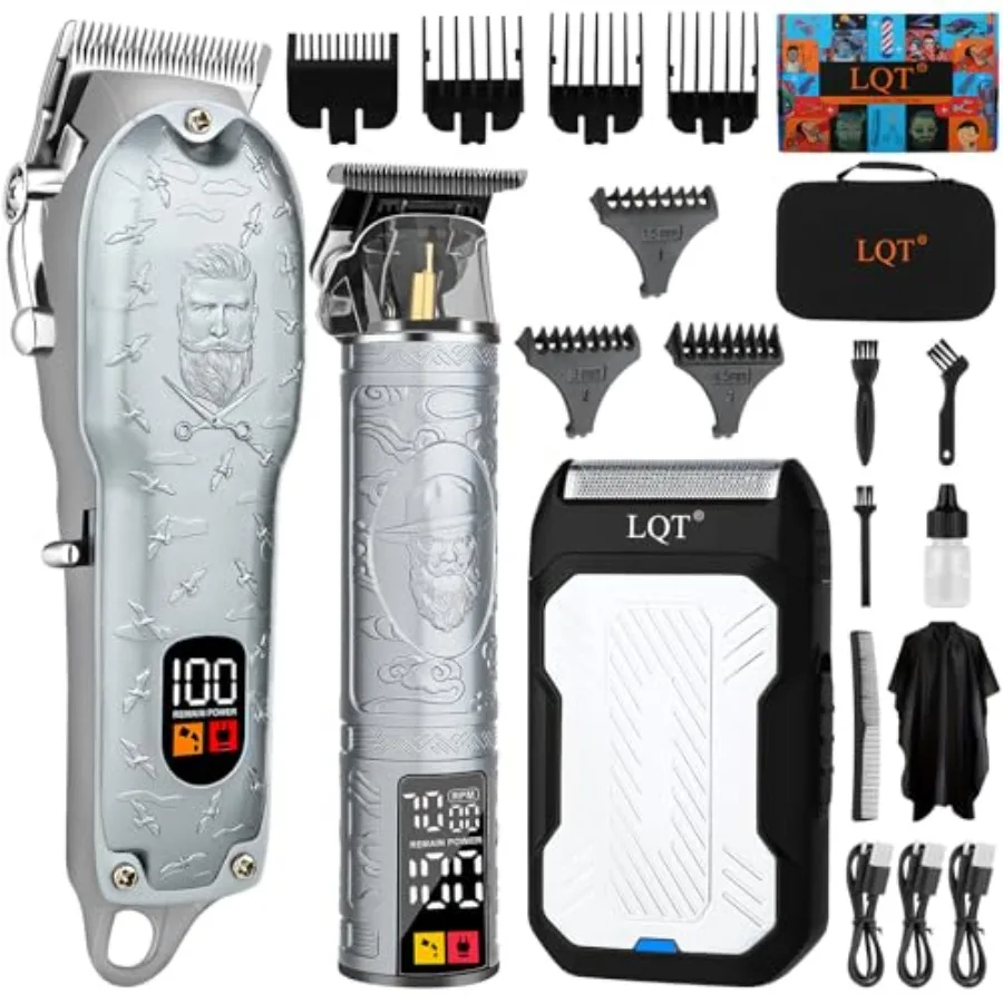 

Professional Silver Hair Clippers for Men Cordless Barber Kit with Trimmer Stainless Steel Blades Adjustable Lever LED Display
