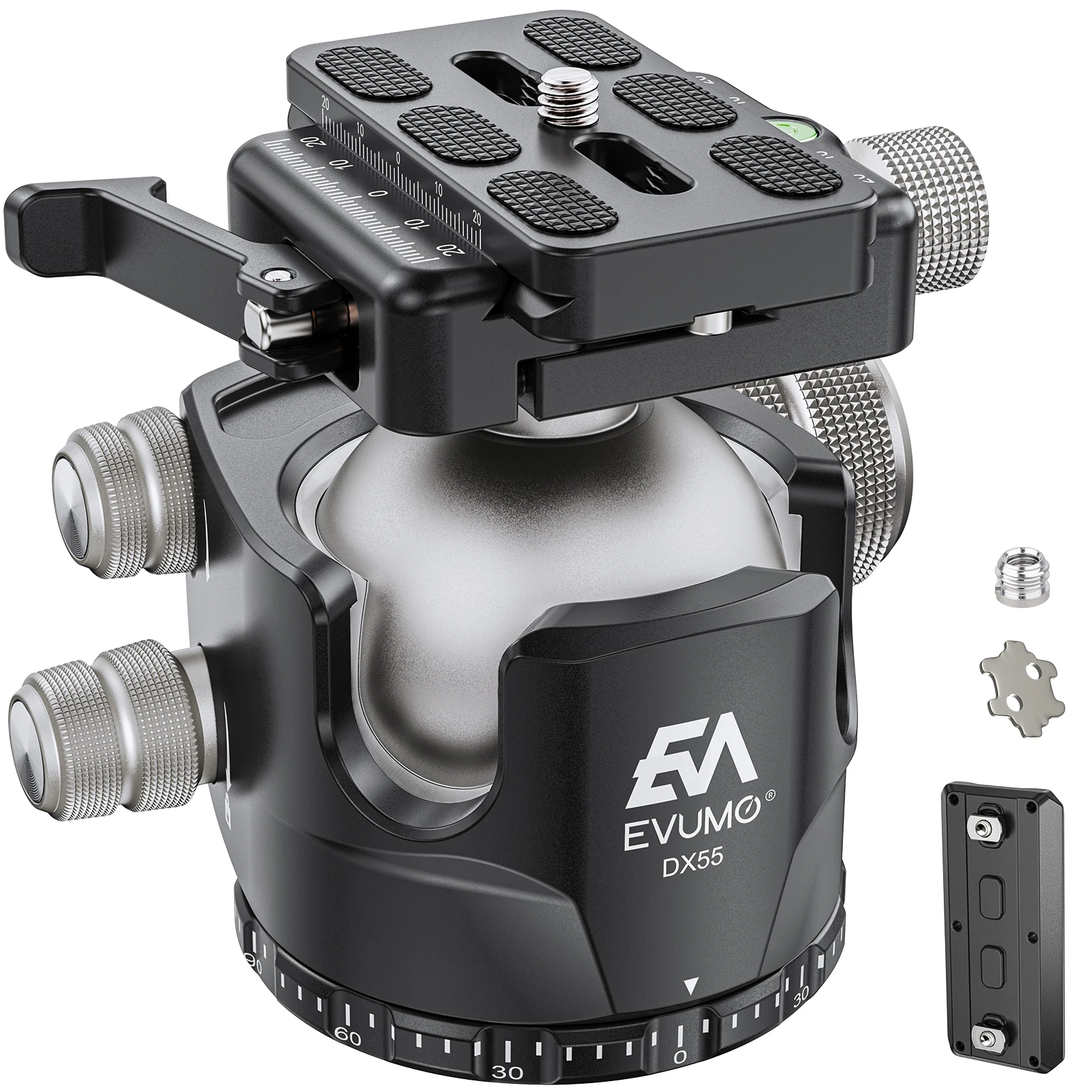 

EVUMO DX55-P Tripod Ball Head 55mm Arca to Picatinny Mount Lever Release Tripod Head with Mlok Arca Rail & Q.R Plate Load 40kg