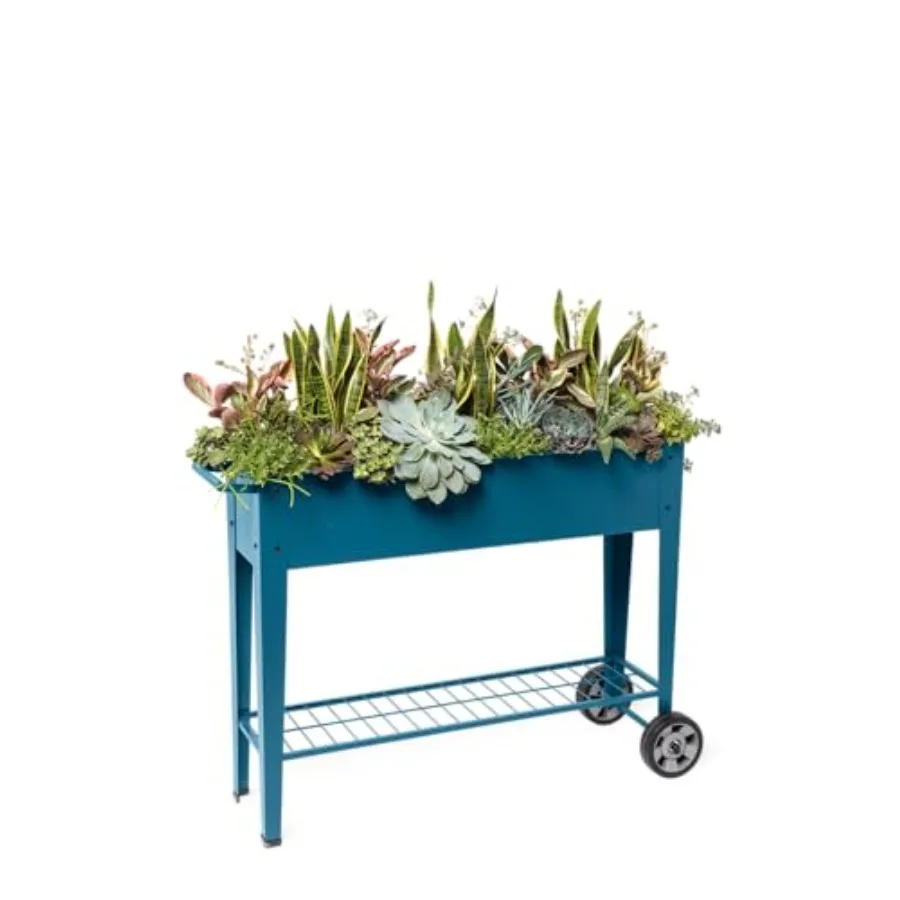 Metal Elevated Planter Cart with Wheels Heavy Duty Outdoor Garden Work Table Steel Planter Box with Side Metal Sidewalls Best f