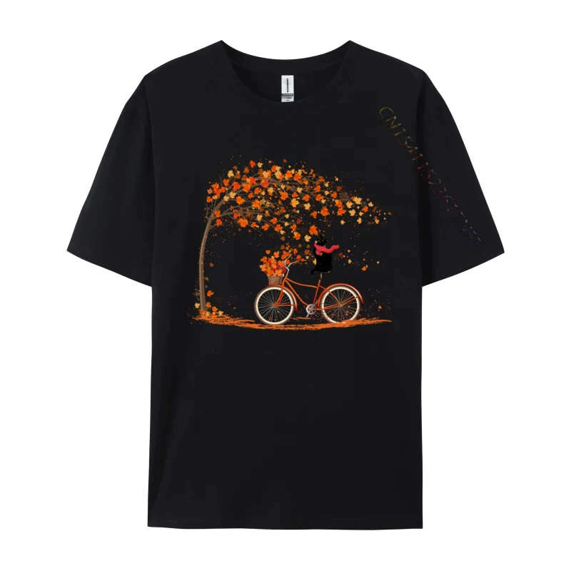 Cat Fall Bicycle Leaves Fall Autumn Halloween Tees Casual T-shirts for Male Design Tops Shirt Classic Tshirts Cotton