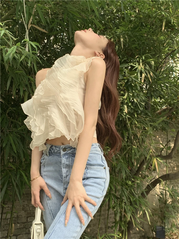 Woherb Blouses Women Off-shoulder Cropped 2024 Folds Sweet Sexy Elegant Top Retro Princess Fashion Ruffles Blusas Mujer Summer