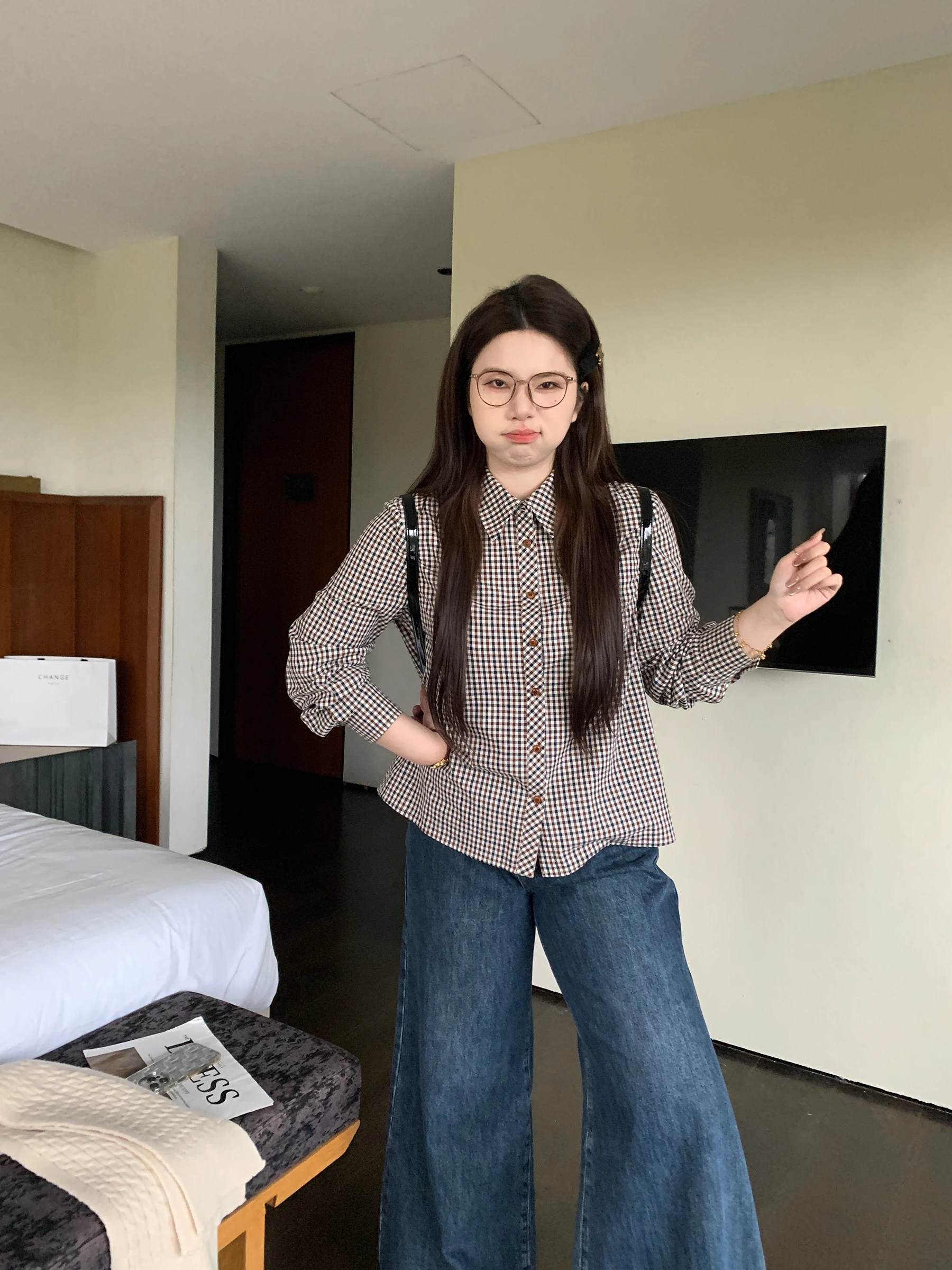 

Свободный длинный све клетчатый утюг для больших размеров, женский повседневный удобный хлопок, винтажный ленивый матч, все M5T6 Micro Fat