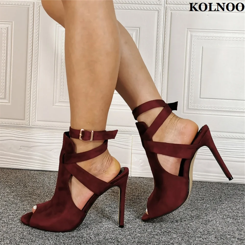 

Kolnoo New Big Size 35-47 Women's High Heels Sandals Buckle Ankle Strap Peep-toe Kid-suede Real Photos Evening Fashion Shoes