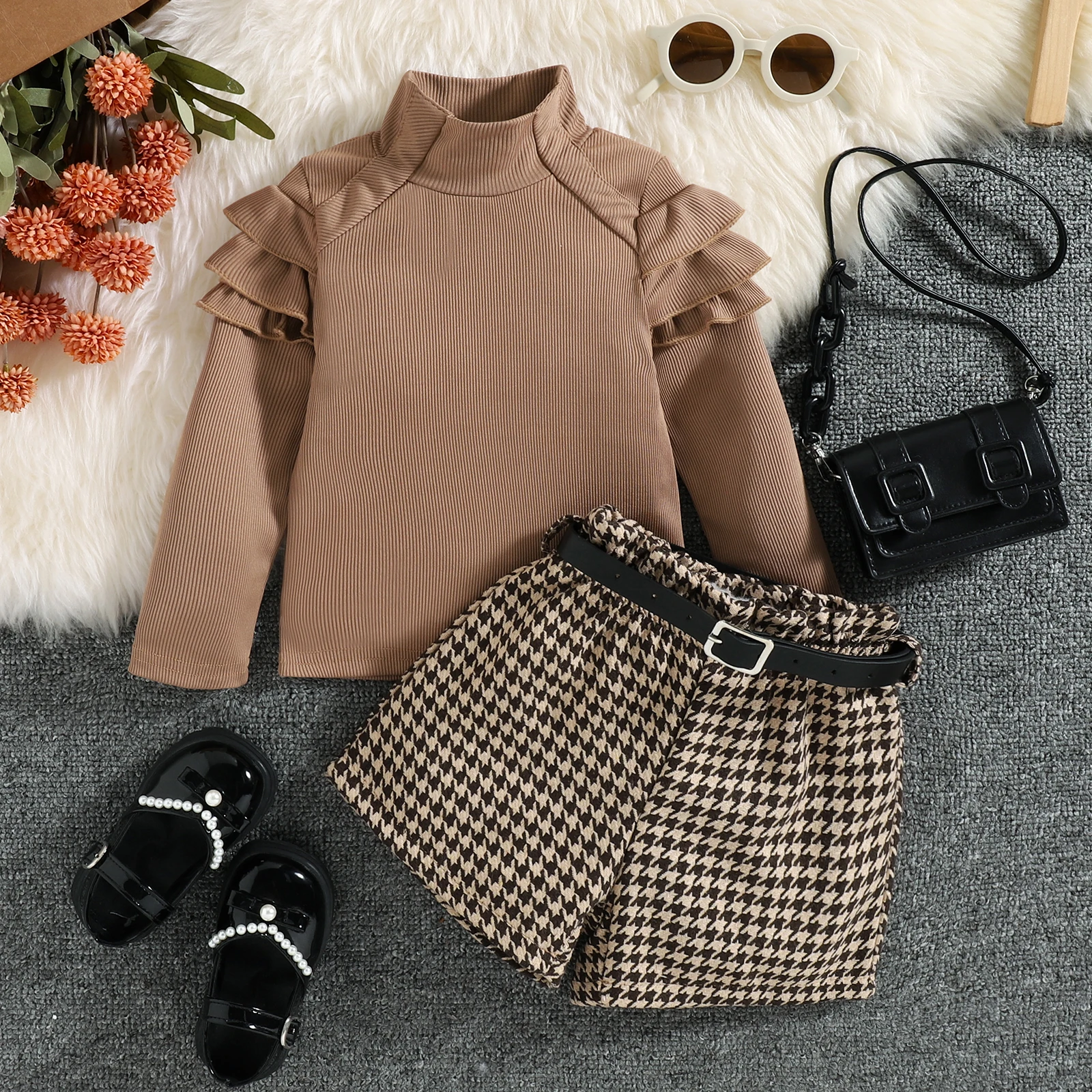 3PCS Autumn New Style 1-5 Year Old Girl Baby Fashionable Casual High-Neck Solid Color Top + Houndstooth Shorts Set