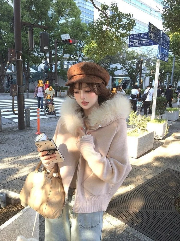 الأمريكية الرجعية مقنعين محبوك معطف طويل الأكمام المرأة ثقافة فرعية معطف خمر سستة فو الفراء سترة الخريف النساء Cloghing 2025