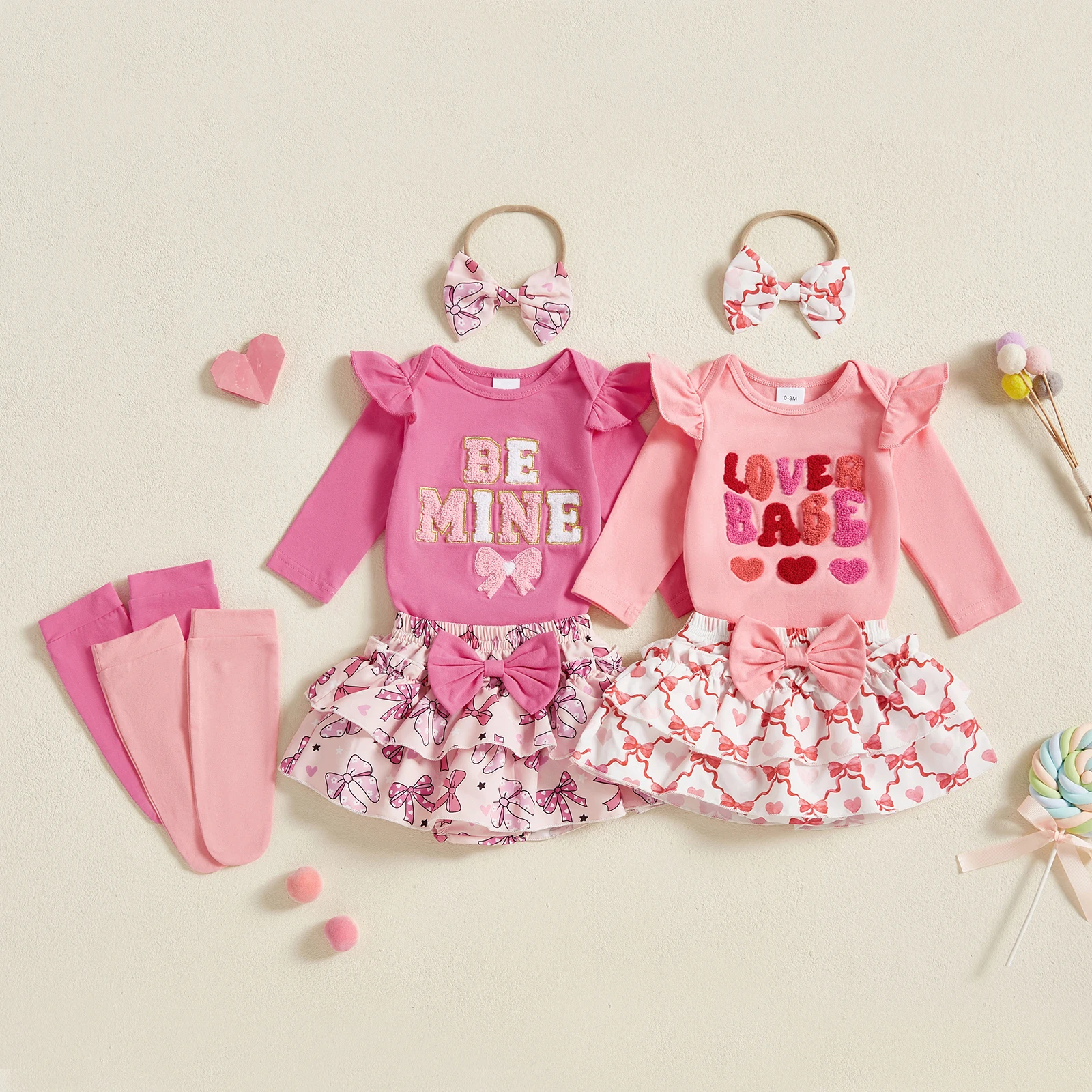 

Baby Girl Valentine's Outfit Letter Embroidery Long Sleeve Romper with Skirt and Bow Headband Long Socks