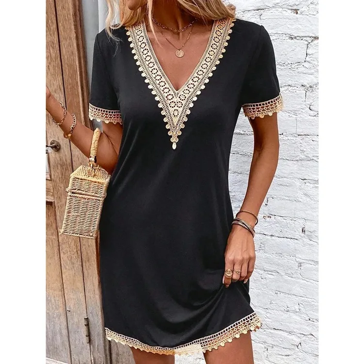 

Casual Vacation Solid Color Lace Trim V Neck Short Sleeve A Line Midi Dress