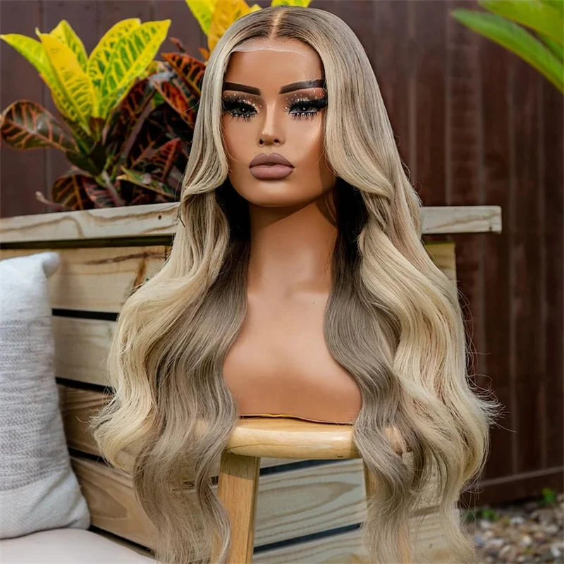 28 Inch Ombre Ash Blonde with Brown Streaks Highlights HD Invisible Synthetic Lace Front Wig Heat Resistant Fiber Wig Body Wave