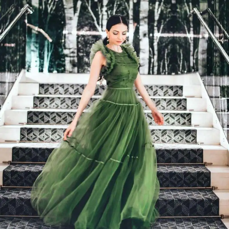 Forest Green Party Dresses Fashion Long Prom Gowns Sleeveless Floor Length Tulle Elegant A Line Prom Gown Custom Made