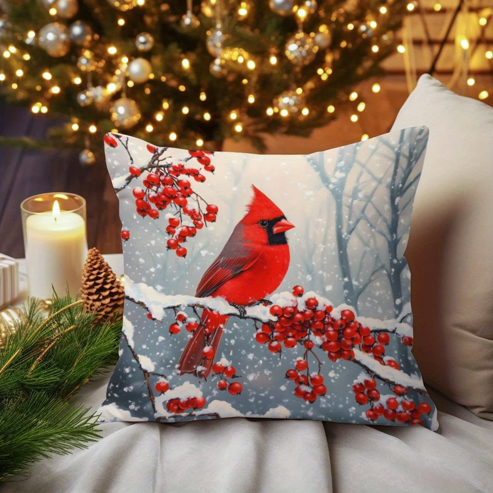 Happy Holidays Cardinal Bird Red Berries Double Sided Pillow Cover Concealed Zipper Cushion Sofa Bed Car Decor No Insert
