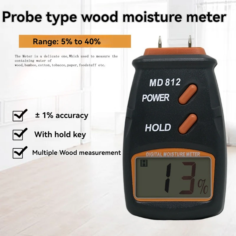 MD812 5%-40% Digital Wood Moisture Meter With LCD Display 2 Pin Humidity Tester Timber Damp Detector Moisture Meter