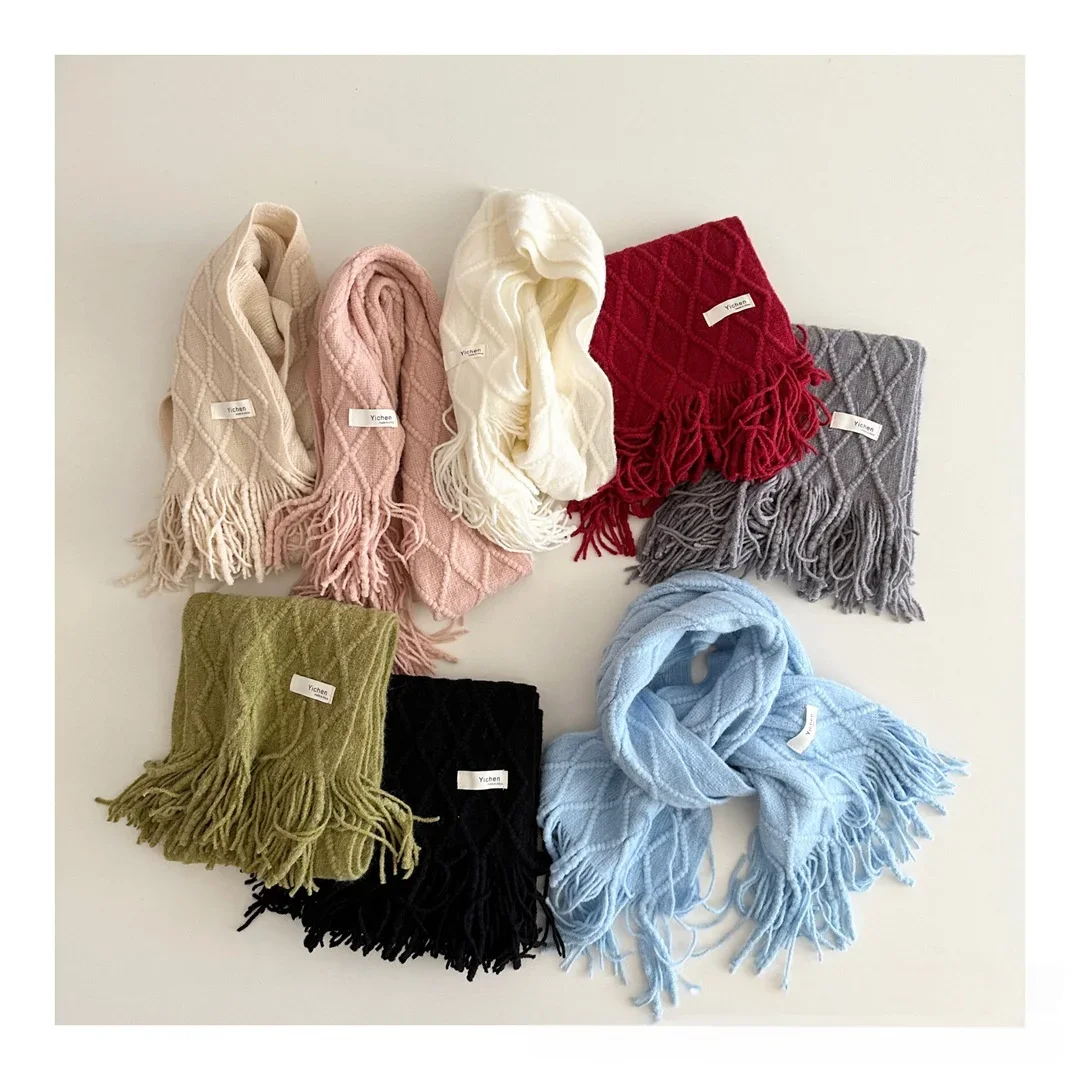 Kids Boys Girls Winter Warm Scarf 0-6Y Baby Accessories Diamond Pattern Knitted Solid Color Tassel Scarves for Children Wear