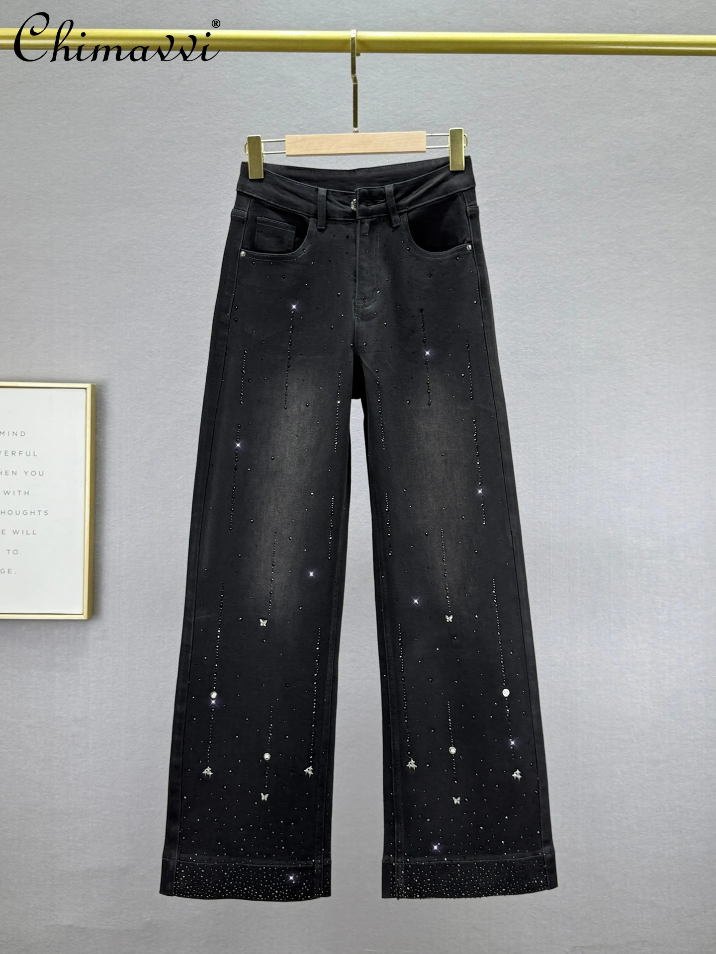 

Джинсы со стразами в европейском стиле, женские широкие брюки, осень 2023, новая мода, свободные тонкие брюки с высокой талией, удлиненная длина