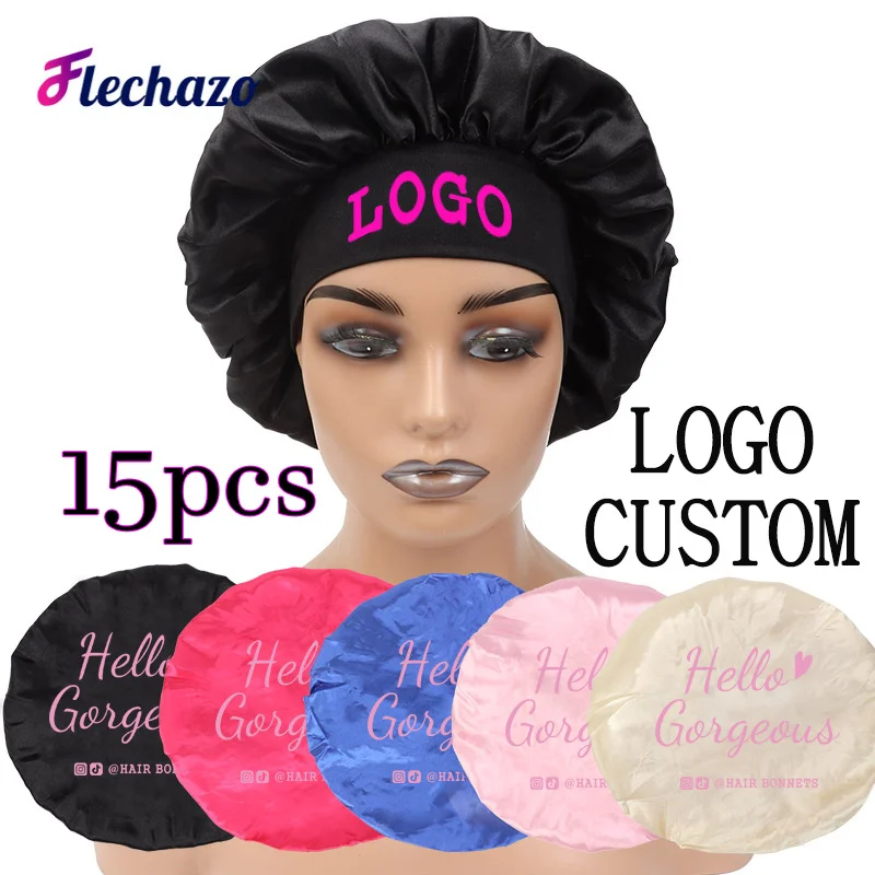 Silk Satin Bonnets Logo Customize - 15Pcs Adjustable Elastic Band Hair Bonnets For Curly Hair - Night Cap Bonnet For Sleeping