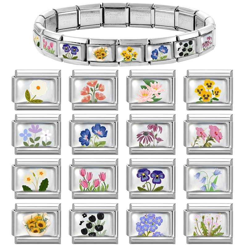 جديد المرأة الملونة الزهور ارتفع السحلية عباد الشمس توليب الإيطالية سحر الروابط صالح 9 مللي متر سوار الفولاذ المقاوم للصدأ DIY بها بنفسك صنع المجوهرات